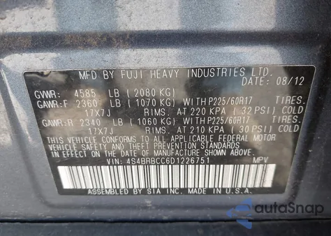 2013 Subaru Outback 2.5I Premium from USA, damaged, VIN 4S4BRBCC6D1226751